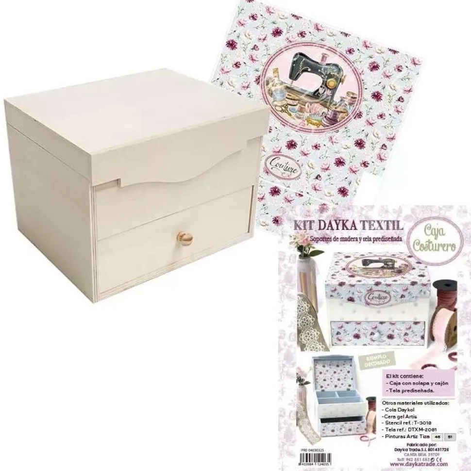 Caja costurero de madera con solapa y cajón Dayka 25x20cm