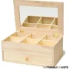 Caja de madera con cajón, divisiones y espejo,