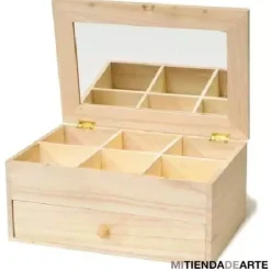 Caja de madera con cajón, divisiones y espejo,