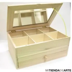 Caja de madera con cajón, divisiones y espejo,