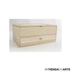 Caja de madera con cajón, divisiones y espejo,