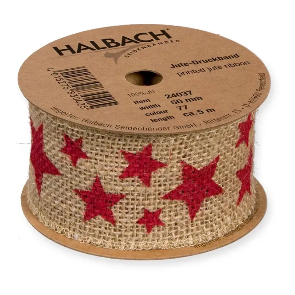 Cinta de Yute Estampada Estrellas Rojas Halbach 50mm