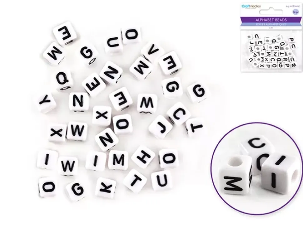 Cuentas Blancas con Abecedario en Negro MultiCraft 8mm
