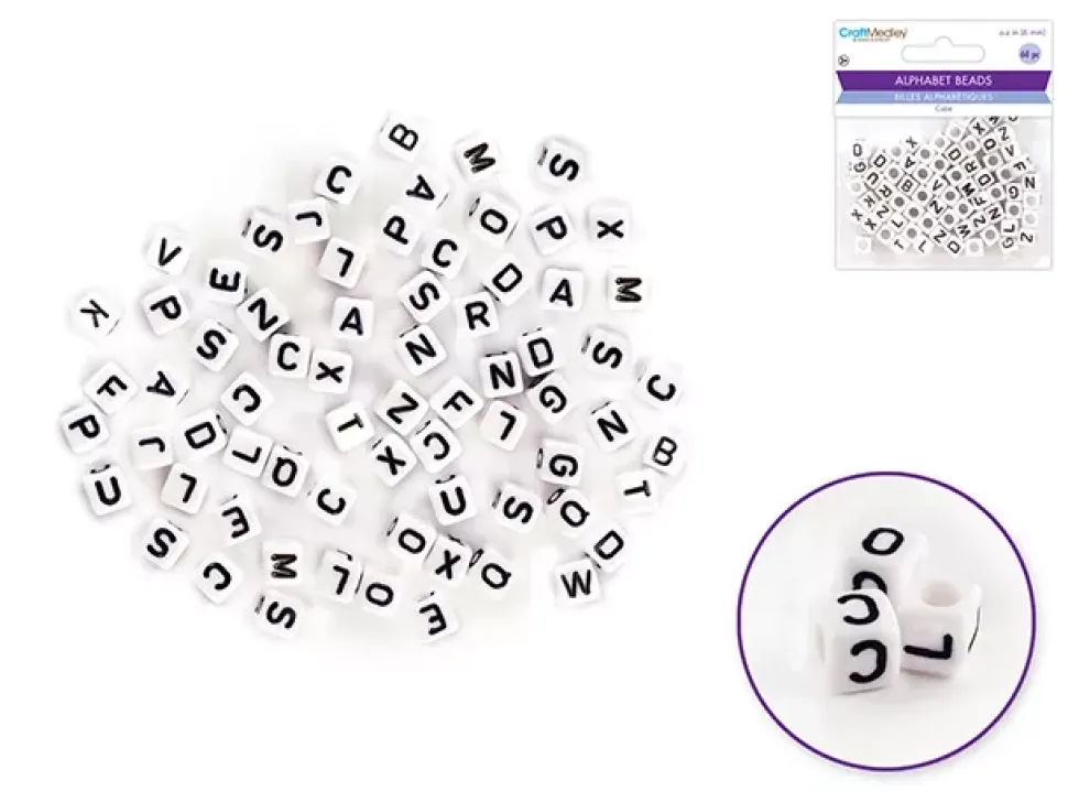 Cuentas Blancas con Abecedario en Negro MultiCraft 6mm