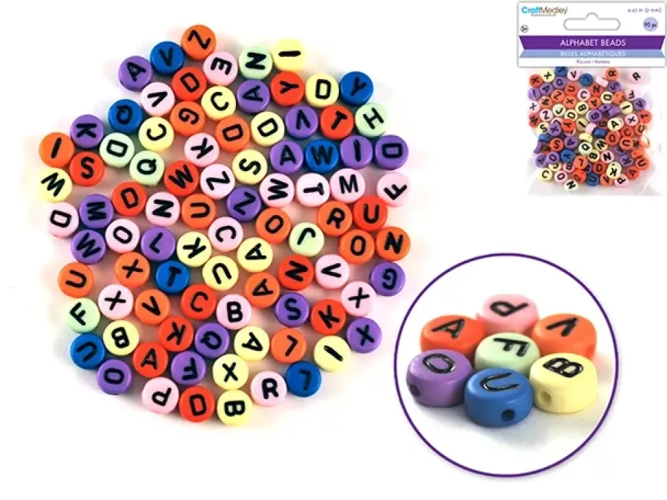 Cuentas Redondas de Colores con Abecedario en Negro MultiCraft 7mm