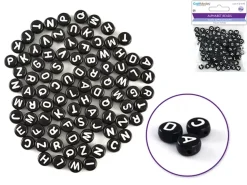 Cuentas Redondas Negras con Abecedario en Blanco MultiCraft 7mm
