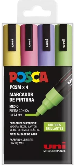 Estuche 4 Rotuladores PC5M Medio Punta Cónica Colores Brillantes Uni Posca