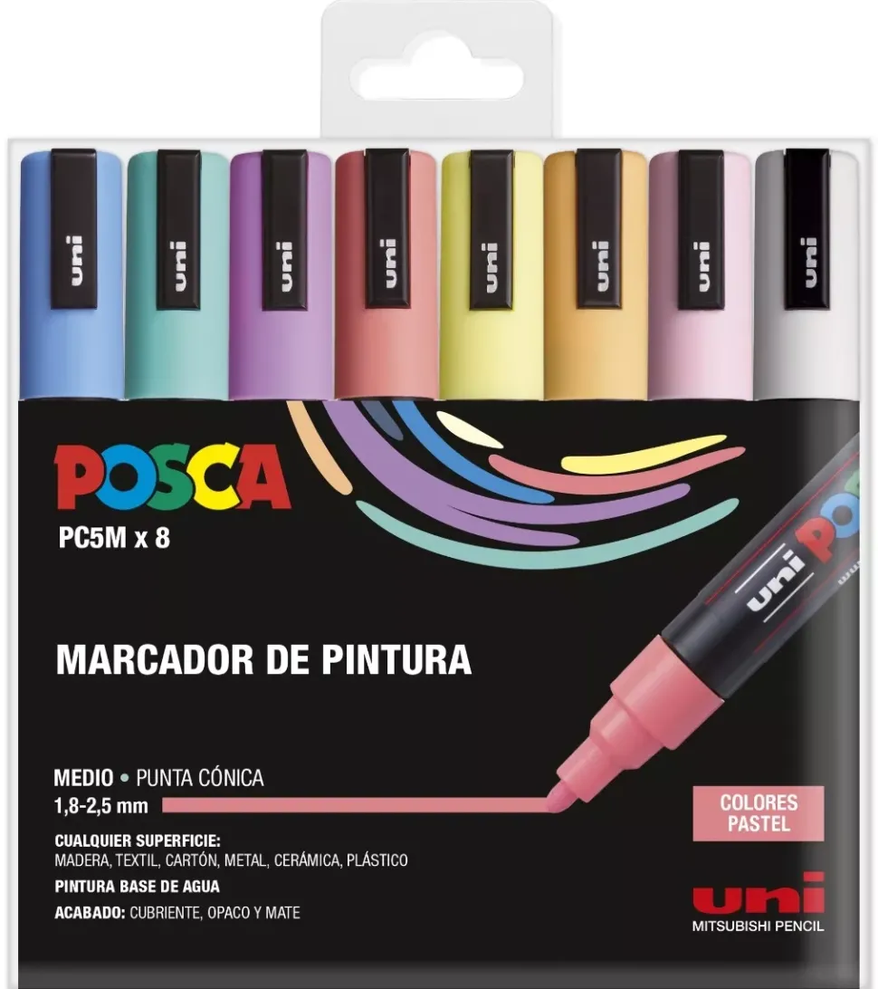 Estuche 8 Rotuladores PC5M Medio Punta Cónica Pastel Uni Posca