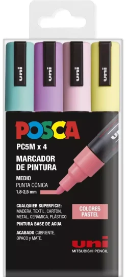 Estuche 4 Rotuladores PC5M Medio Punta Cónica Pastel Uni Posca