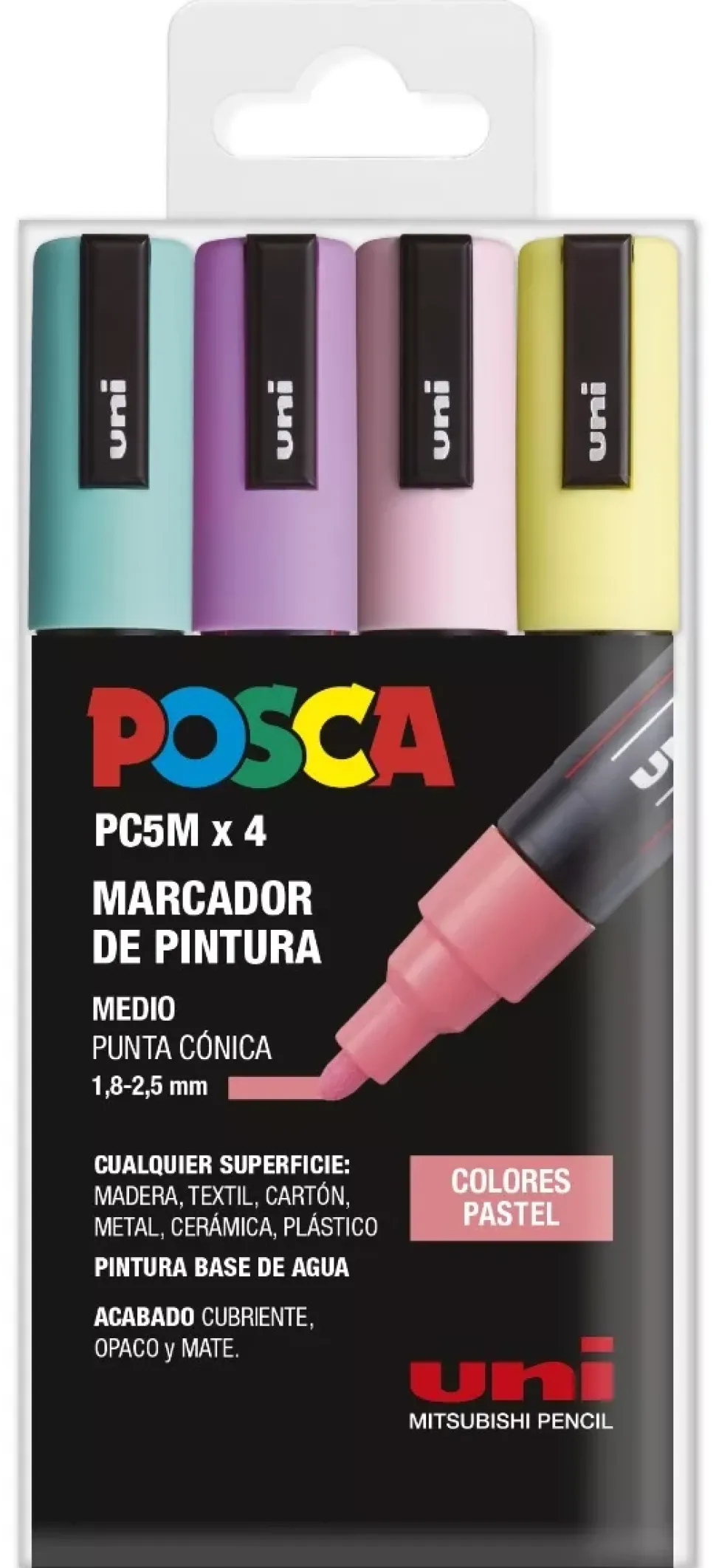Estuche 4 Rotuladores PC5M Medio Punta Cónica Pastel Uni Posca