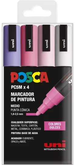 Estuche 4 Rotuladores PC5M Medio Punta Cónica Colores Dulces Uni Posca