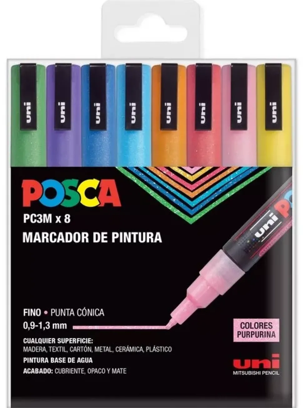 Estuche 8 rotuladores PC3M Fino Purpurina Uni Posca