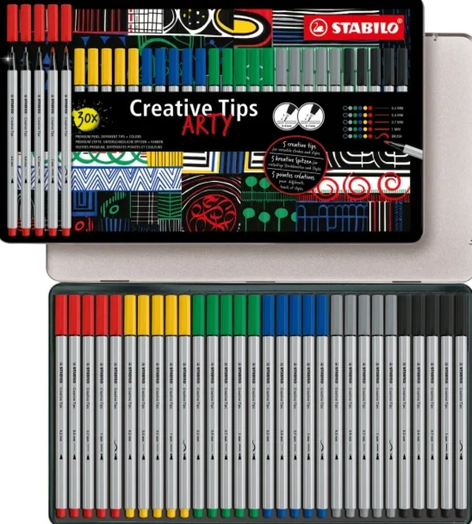 Estuche de Metal Arty 30 Rotuladores Vivos STABILO Creative Tips
