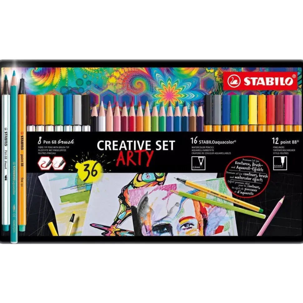 Estuche de Metal Arty 36 Rotuladores Pen 68, Point 88 y Aquacolor STABILO Creative Set