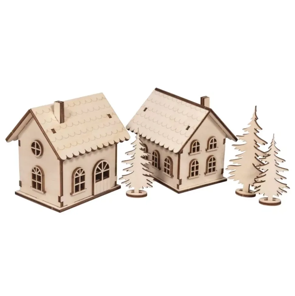 Kit 3D Casitas de madera con luces Rayher