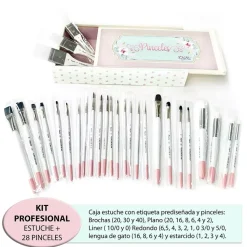 Kit Profesional de 28 Pinceles + Estuche de Madera + Etiqueta Prediseñada Dayka