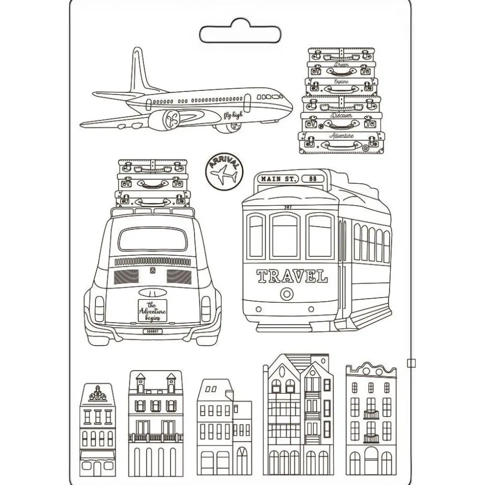 Molde flexible Transportes Art of Travelling Stamperia 21x29cm