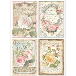 Papel de arroz 4 Postales Rosas Best Sellers Stamperia 21x30cm