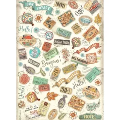 Papel de arroz Labels Art of Travelling Stamperia 21x30cm