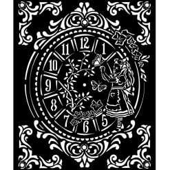 Plantilla de Stencil Alice Clock Alice Through the Looking Glass Stamperia 20x25cm
