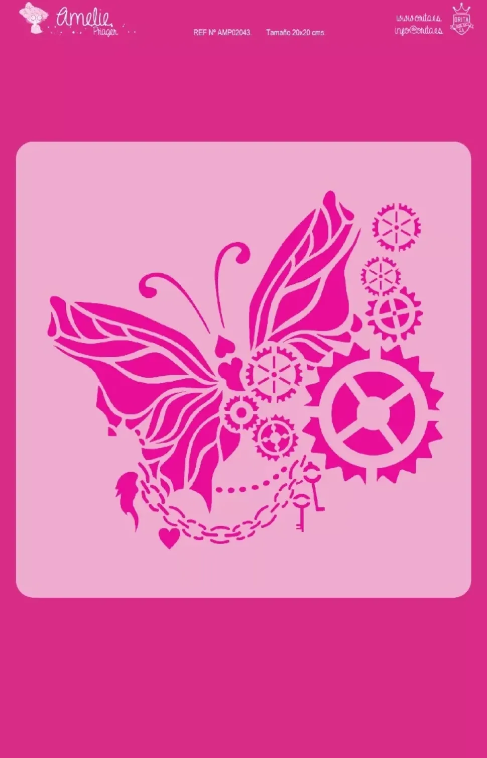 Plantilla de stencil Mariposa y engranajes 20x20cm