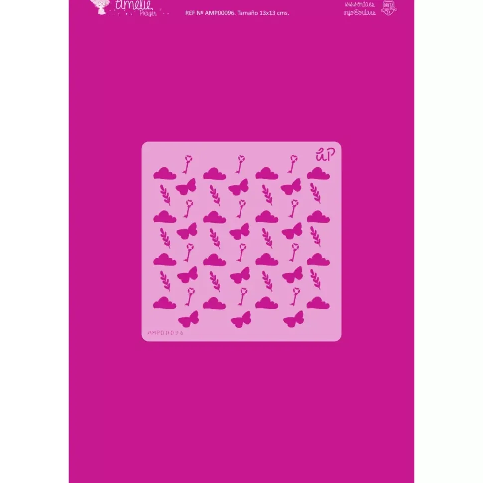 Plantilla de stencil Nubes, mariposas, llaves y espigas 13x13cm