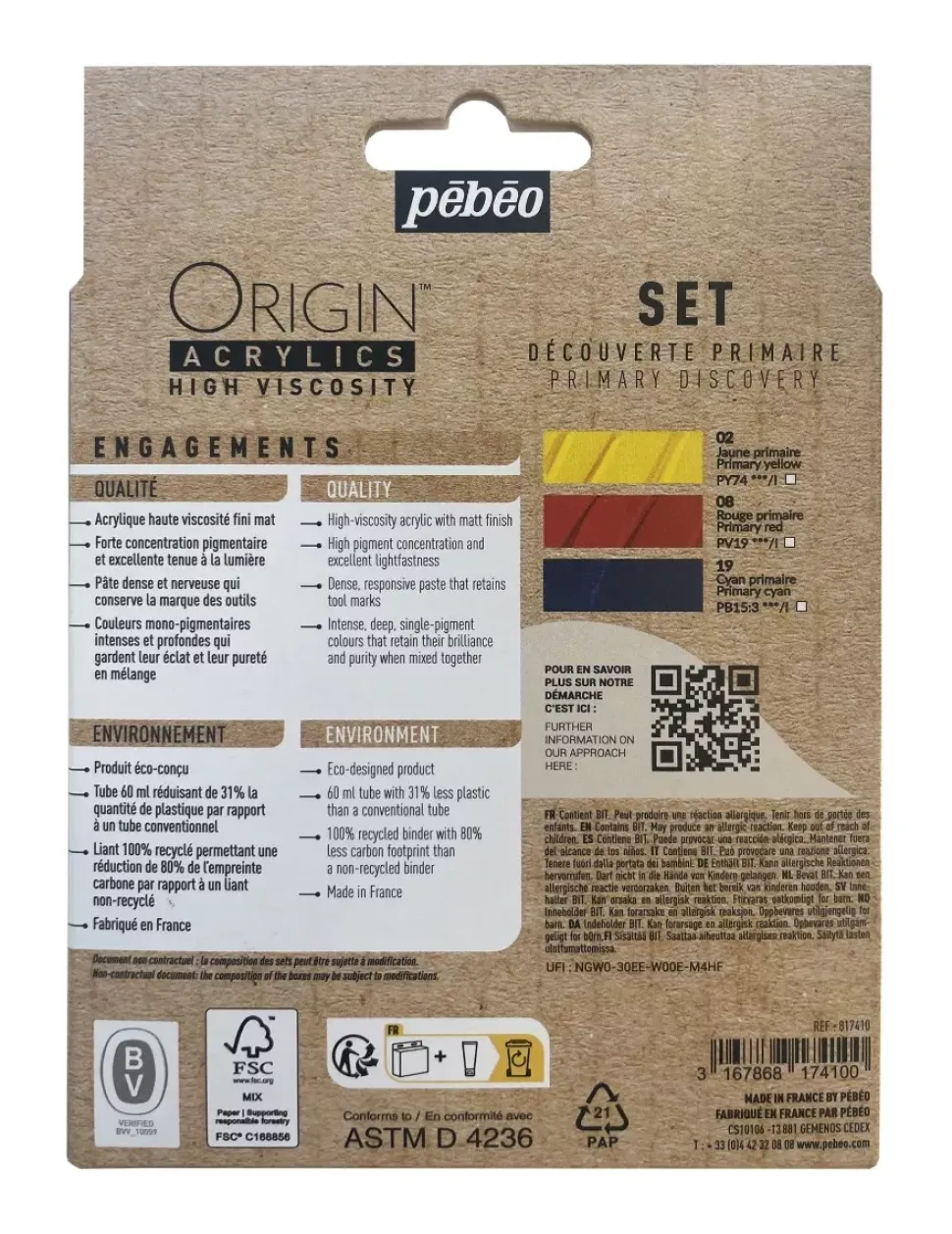 Set 3 acrílicos ecológicos primarios iniciación Origin Pebeo 60ml