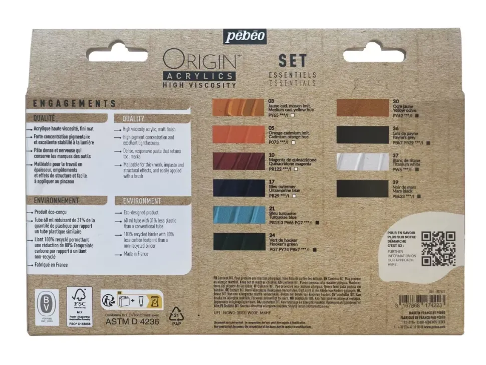 Set 10 acrílicos ecológicos Essentials Origin Pebeo 60ml