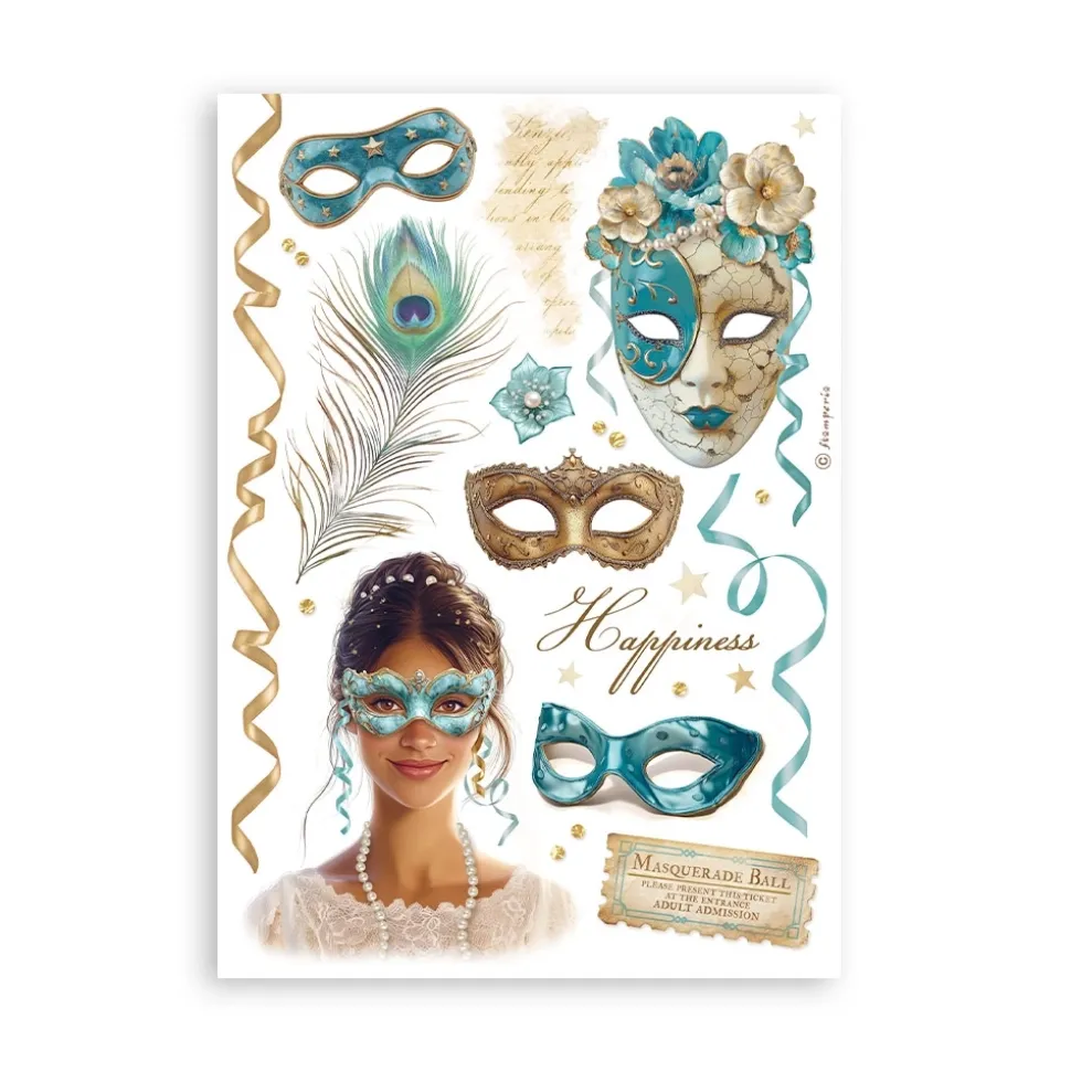 Set 8 hojas de washi tape Masquerade Stamperia A5