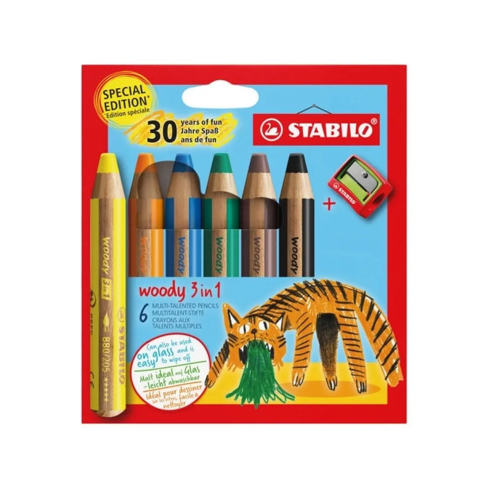 Set 6 Lápices + sacapuntas Tigre Woody 3 en 1 STABILO