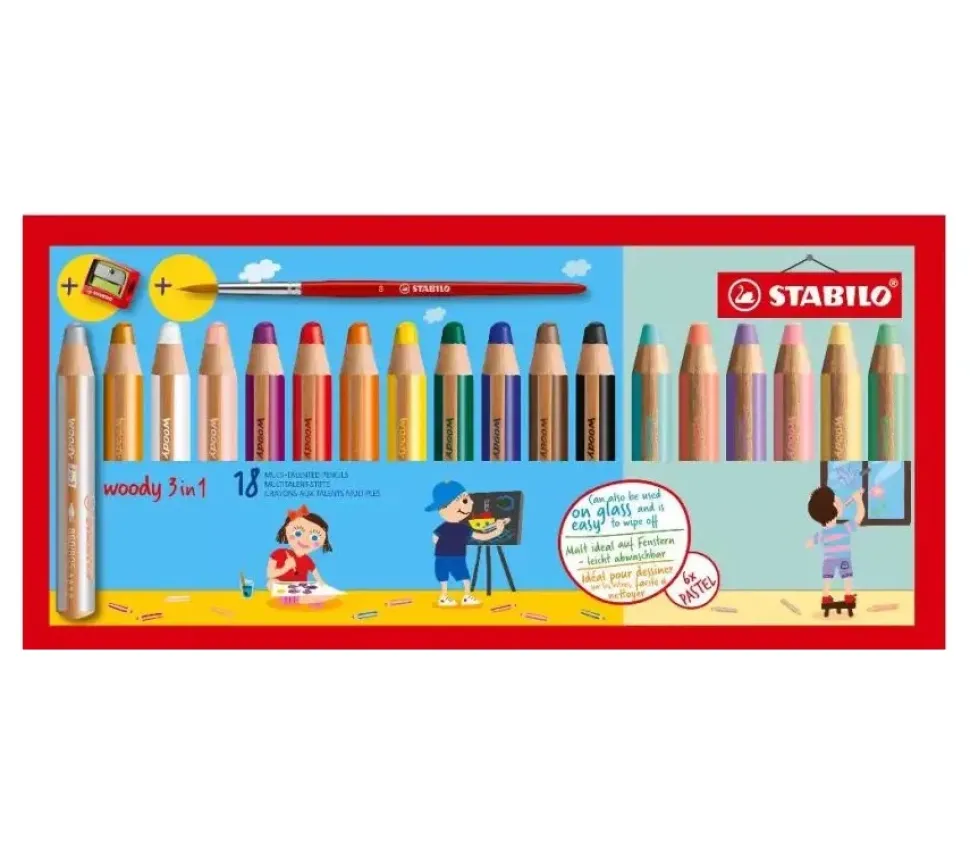 Set 18 Lápices Pastel, Sacapuntas y Pincel Woody 3 en 1 STABILO