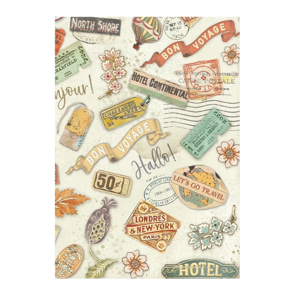 Set 8 papeles de arroz Art of Travelling Stamperia 10x15cm