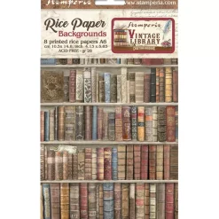 Set 8 papeles de arroz Backgrounds Vintage Library Stamperia 10x15cm