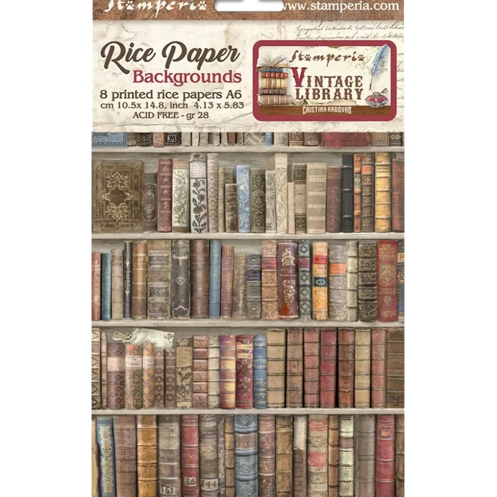 Set 8 papeles de arroz Backgrounds Vintage Library Stamperia 10x15cm