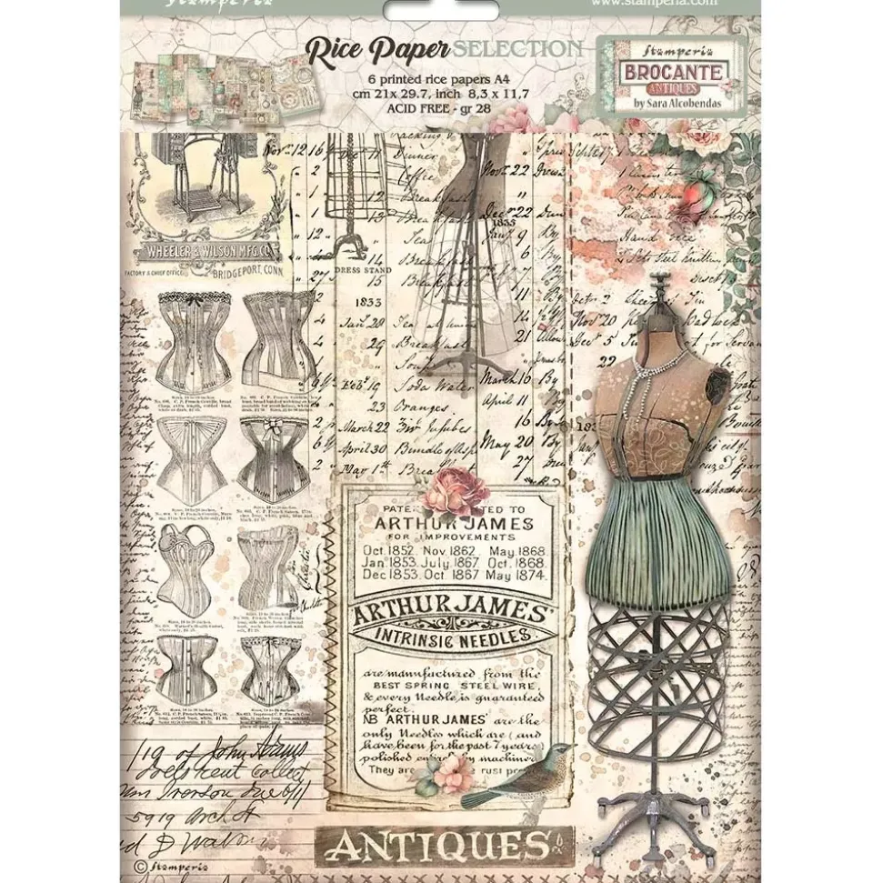 Set 6 papeles de arroz Brocante Antiques Stamperia 21x30cm