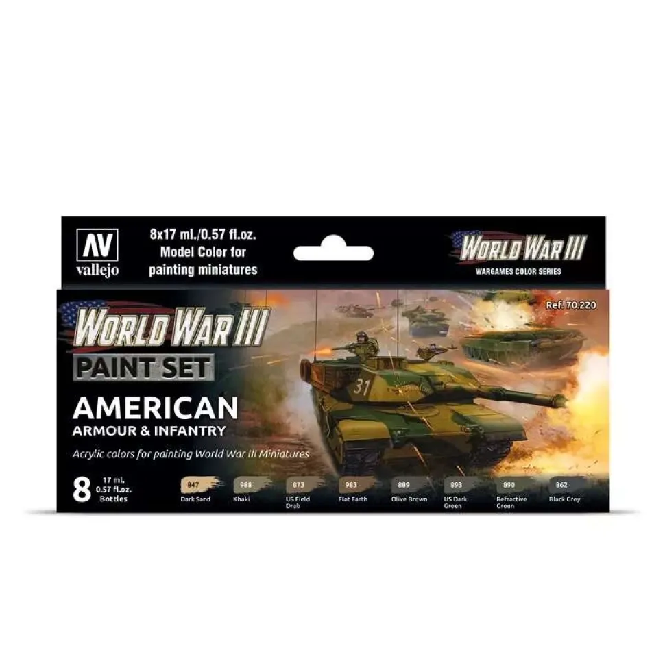 Set 8 pinturas para modelismo 220 WWIII American Armour & Infantry Wargames Flames of War Vallejo 17ml