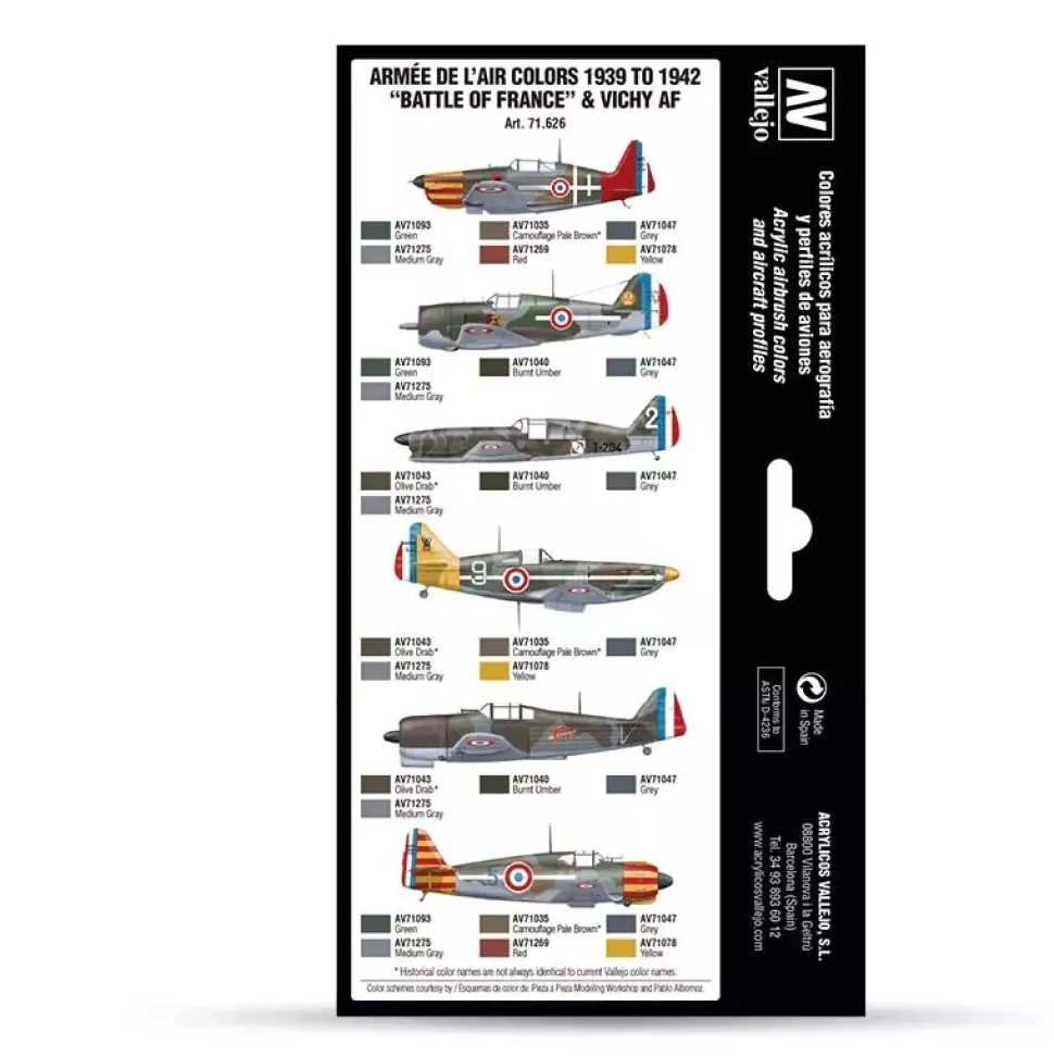 Set 8 pinturas para modelismo 626 Armeé de l'Air 1939-1942 Battle of France and Vichy Air War Vallejo 17ml