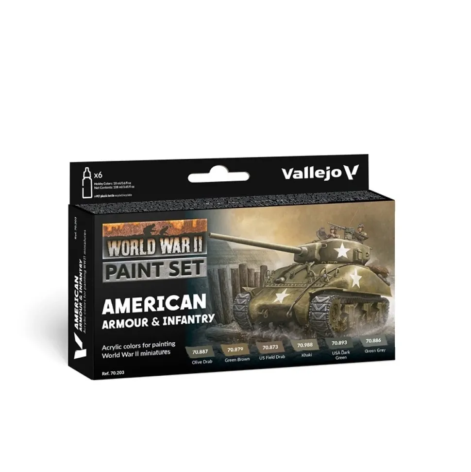 Set 6 pinturas para modelismo 203 WWII American Armour & Infantry Wargames Flames of War Vallejo 17ml