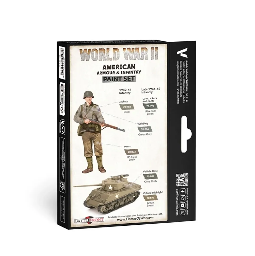 Set 6 pinturas para modelismo 203 WWII American Armour & Infantry Wargames Flames of War Vallejo 17ml