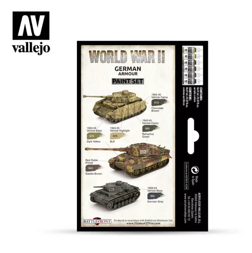 Set 6 pinturas para modelismo 205 WWII German Armour Wargames Flames of War Vallejo 17ml