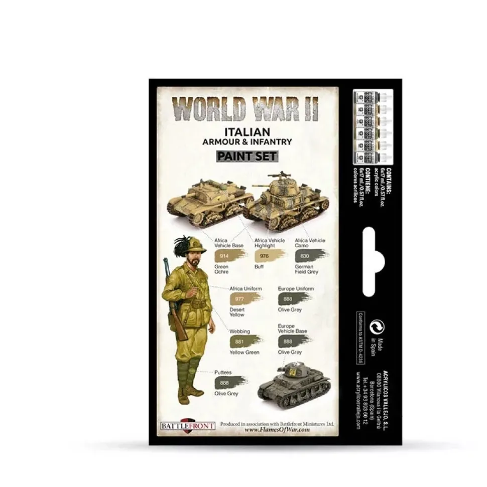 Set 6 pinturas para modelismo 209 WWII Italian Armour Infantry Wargames Flames of War Vallejo 17ml