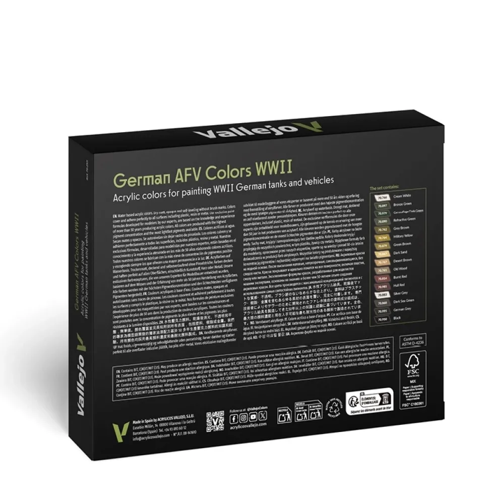 Set 16 pinturas para modelismo 255 German AFV Colors WWII AFV Vallejo 18 ml