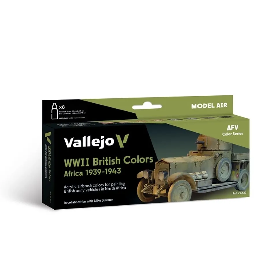 Set 8 pinturas para modelismo 622 WWII British Colors Africa 1939-1943 AFV Vallejo 17ml