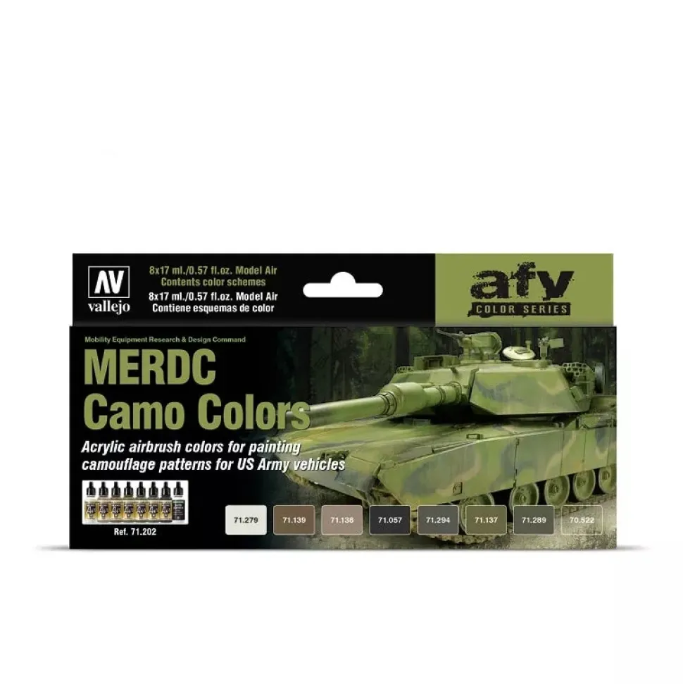 Set 8 pinturas para modelismo 202 MERDC Camo Colors AFV Vallejo 17ml