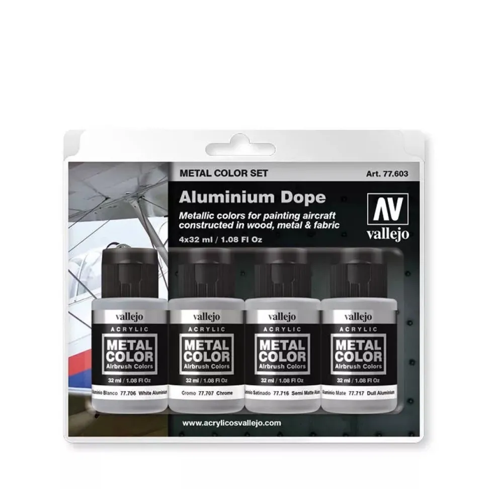 Set 4 pinturas para modelismo 603 Aluminium Dope Metal Color Vallejo 32ml