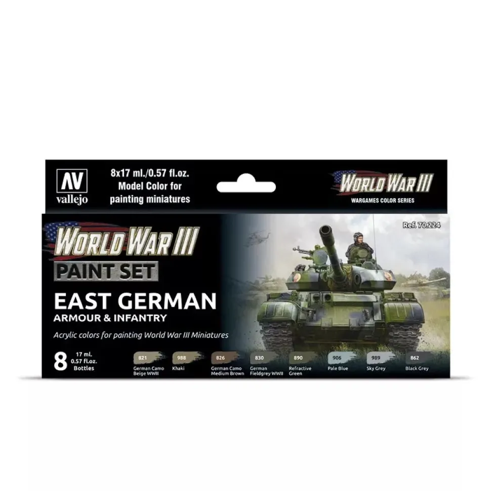Set 8 pinturas para modelismo 224 WWIII East German Armour & Infantry Wargames Flames of War Vallejo 17ml
