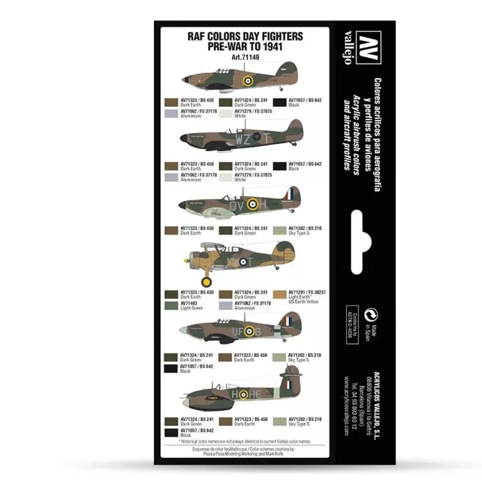 Set 8 pinturas para modelismo 149 RAF Day Fighters pre-war to 1941 Air War Vallejo 17ml