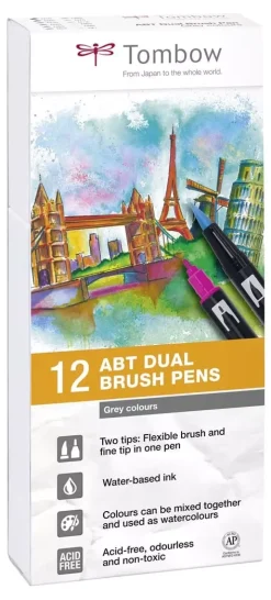 Set de 12 rotuladores ABT Dual Brush Colores Grises Tombow