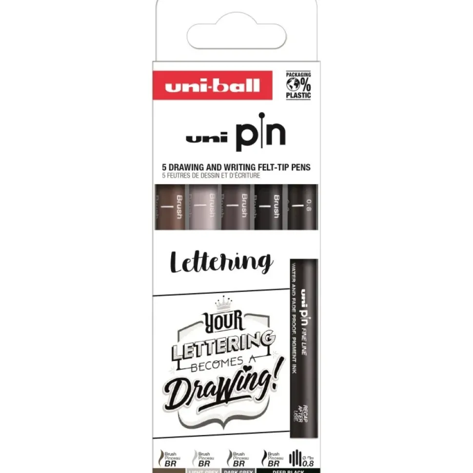 Set de 5 rotuladores calibrados Lettering Pin Uni-Ball