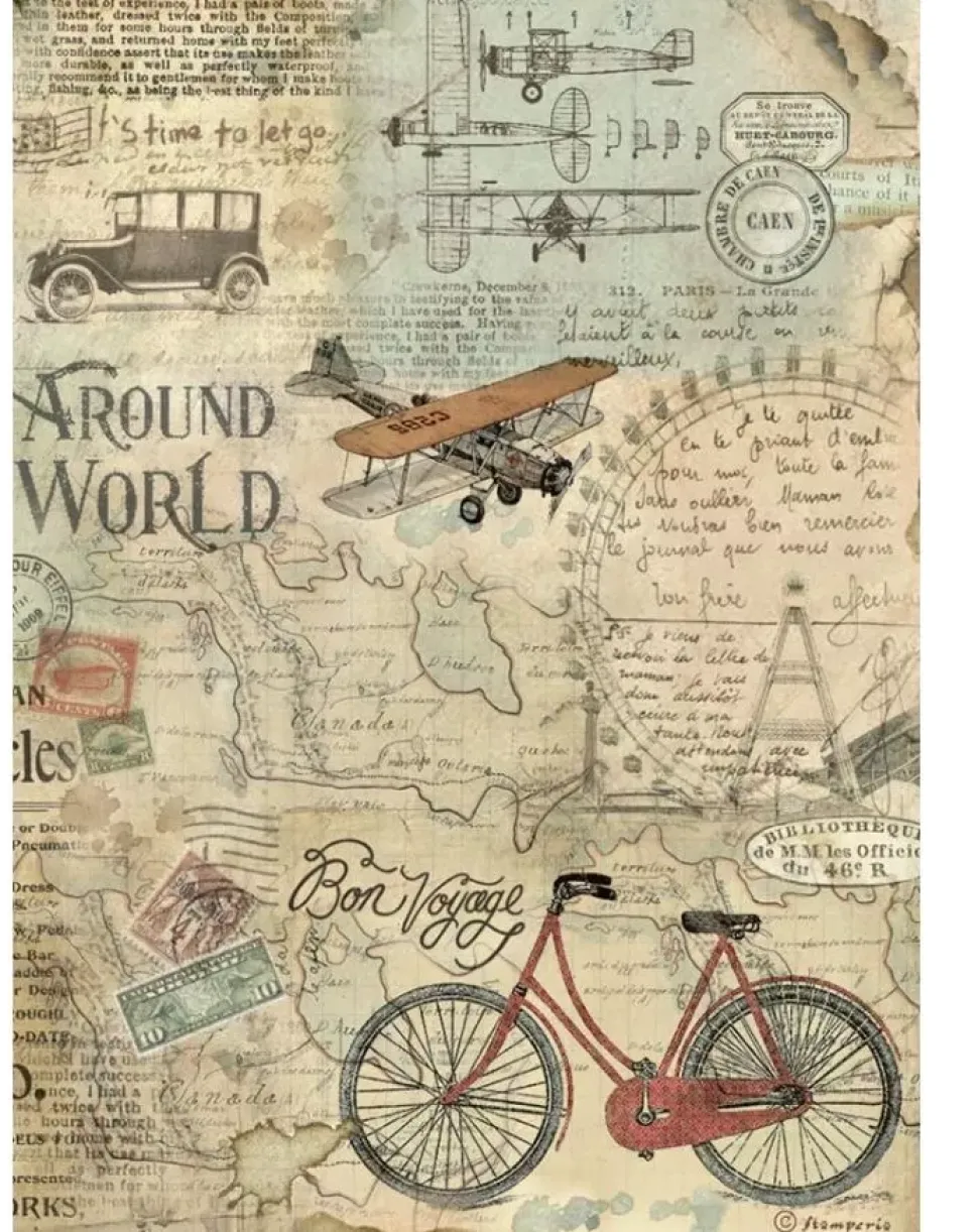SUPER OFERTA **30%** Papel de arroz Bicycle Around the World Stamperia 21x29